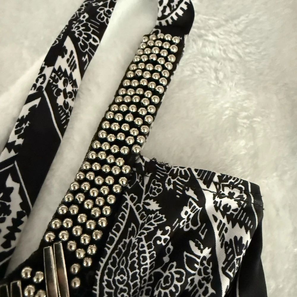 Venus Paisley Bandana Print Beaded Black White Sleeveless Dress XS - Picture 5 of 7